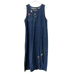 Erika Embroidered Denim Jumper Dress Large Side Slits Long Maxi Y2K Cottagecore